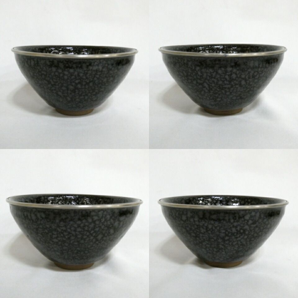 天目台セット】桶谷定一作 油滴 天目茶碗 銀覆輪 と 鈴木光入作 真塗