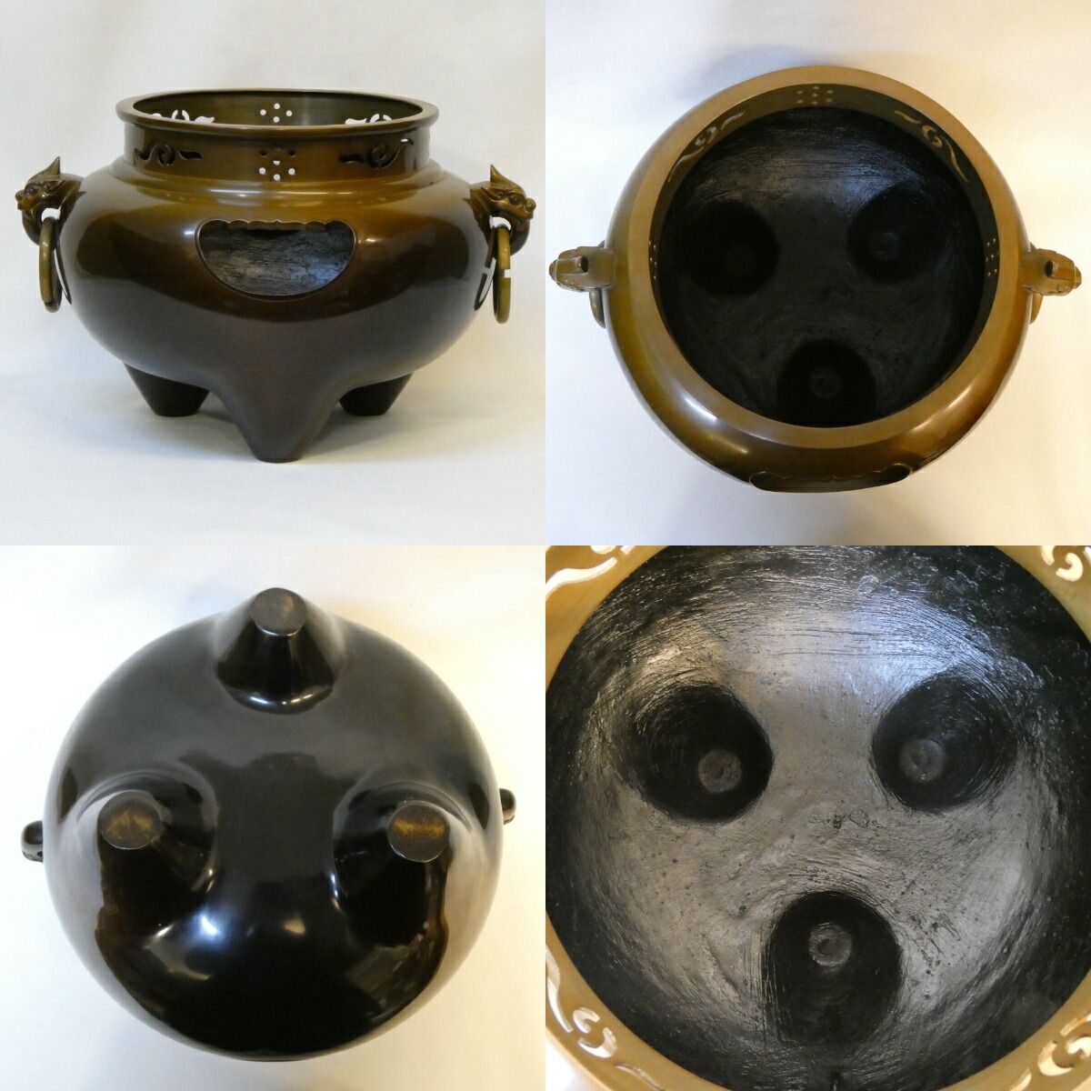 経年未使用品】鋳師 金森浄栄作 唐銅 鬼面風炉 平丸釜添 切合 茶道具