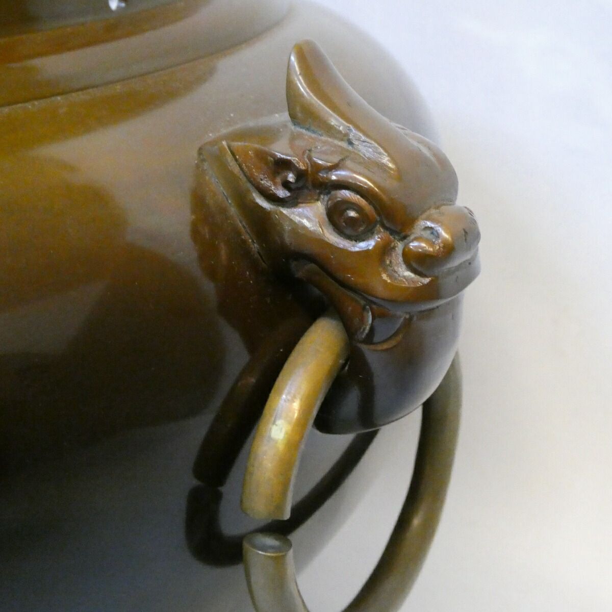 経年未使用品】鋳師 金森浄栄作 唐銅 鬼面風炉 平丸釜添 切合 茶道具