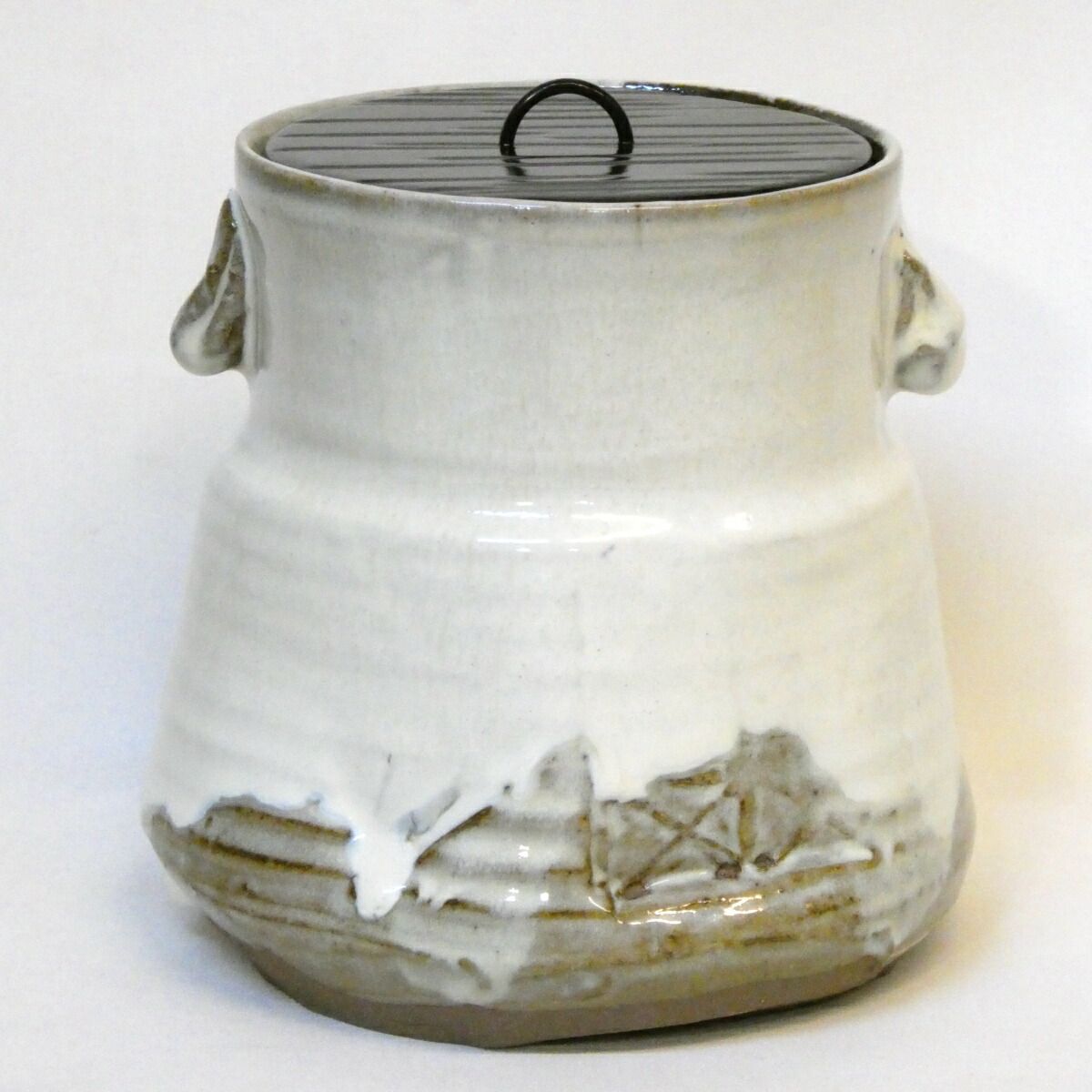 十一月の特売品】丹山窯 小峠葛芳作 白釉 耳付 水指 一閑ヘギ目塗蓋