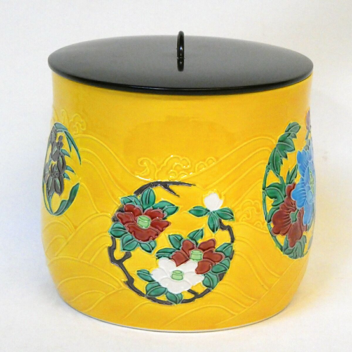 十一月の特売品】三室戸窯（山本一如）作 黄交趾 四季草花 花丸文 水指