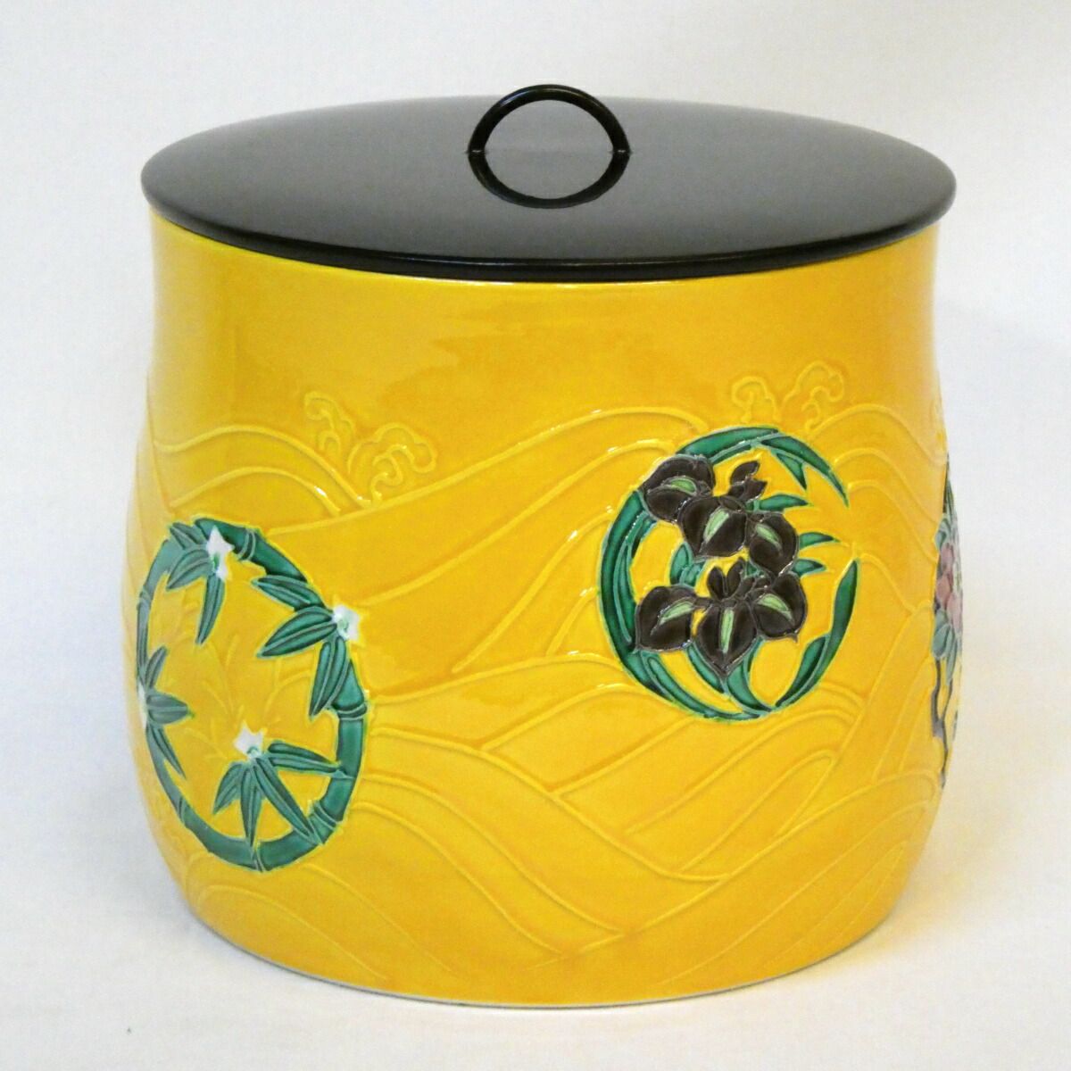 十一月の特売品】三室戸窯（山本一如）作 黄交趾 四季草花 花丸文 水指