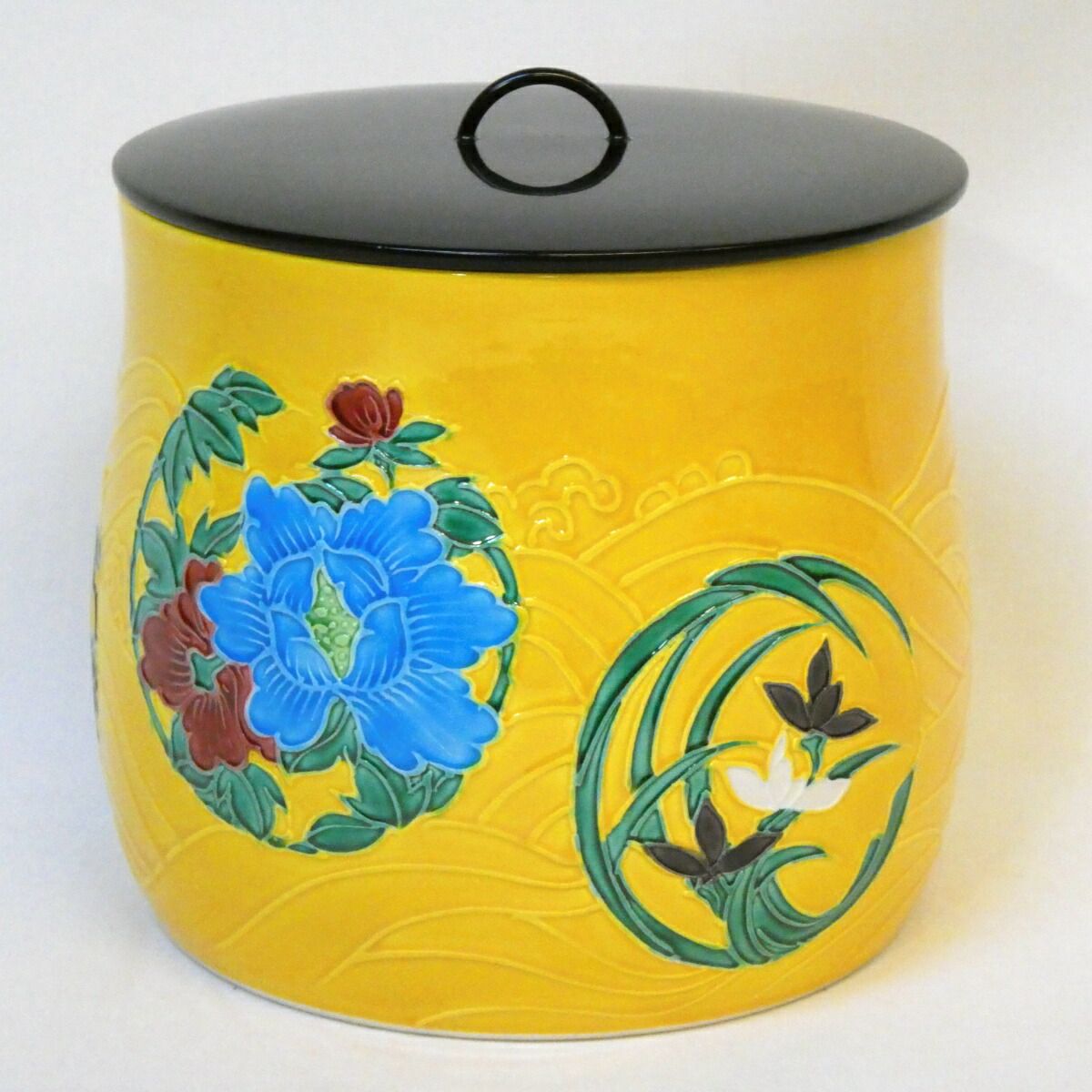 十一月の特売品】三室戸窯（山本一如）作 黄交趾 四季草花 花丸文 水指