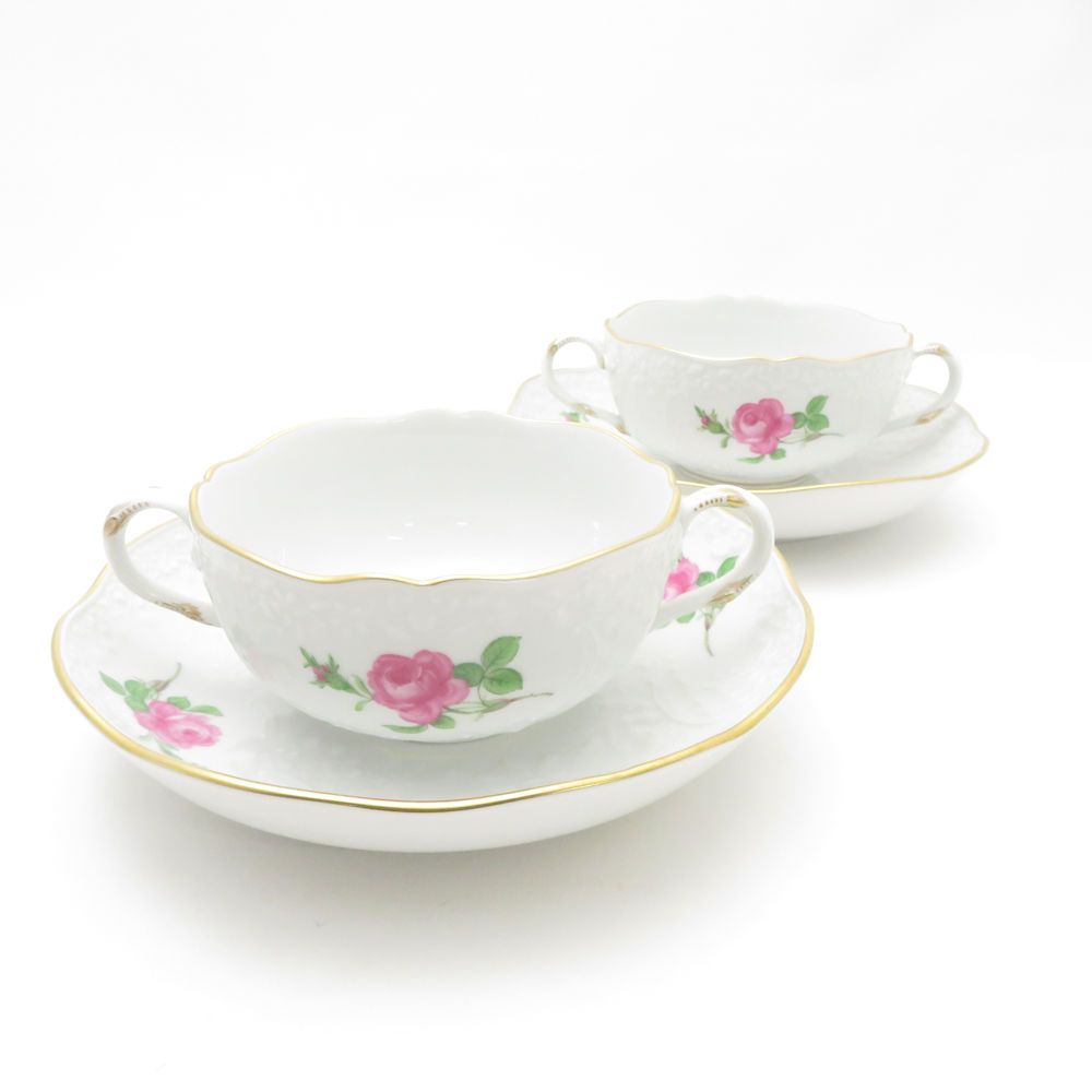 マイセン ピンクローズ スープ皿 2枚 美品 MEISSEN マイセン ピンクローズ エンボス スープカップ＆ソーサー