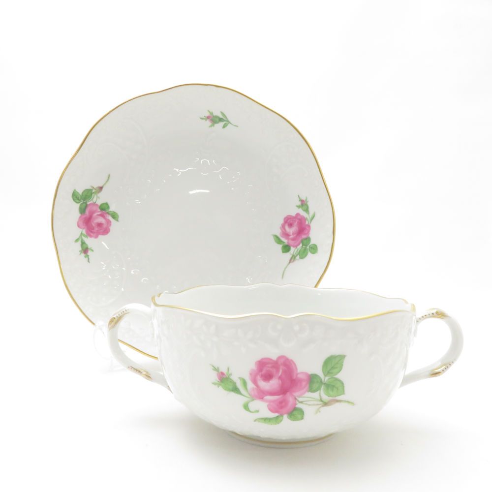 美品 MEISSEN マイセン ピンクローズ エンボス スープカップ＆ソーサー