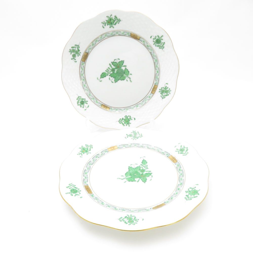 美品 Herend ヘレンド アポニーグリーン AV 中皿 2枚 ペア 19cm