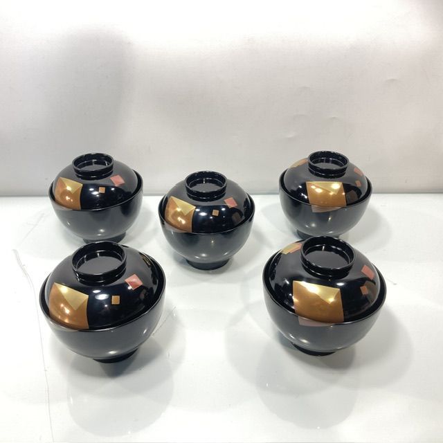 越前漆器 漆器 蓋付汁椀 黒 金 5客セット [管理No.：S11043_D3_60