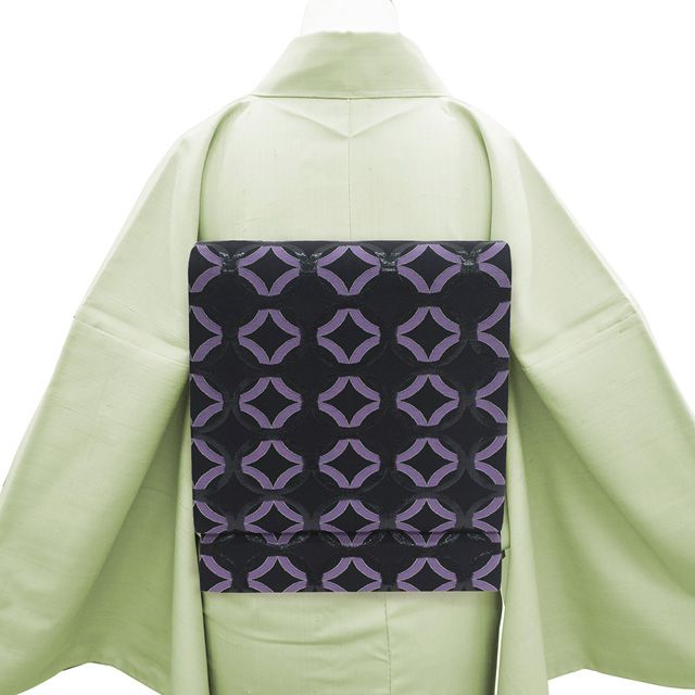 新古品】 袋帯 未使用 正絹 京都 西陣 全通 銀糸 黒箔糸 黒 紫 輪繋ぎ