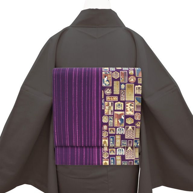 中古】 名古屋帯 リサイクル 正絹 九寸 全通 手染屋吉兵衛 紫 歌舞伎