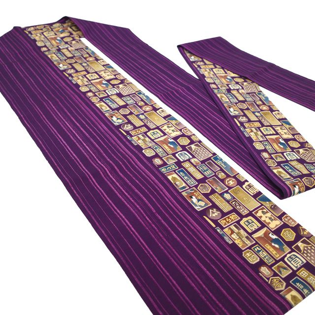 中古】 名古屋帯 リサイクル 正絹 九寸 全通 手染屋吉兵衛 紫 歌舞伎