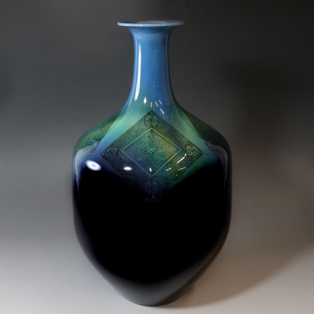 KUTANIYAKI】九谷焼 人間国宝 【 三代 徳田八十吉 】 作 碧明釉小紋