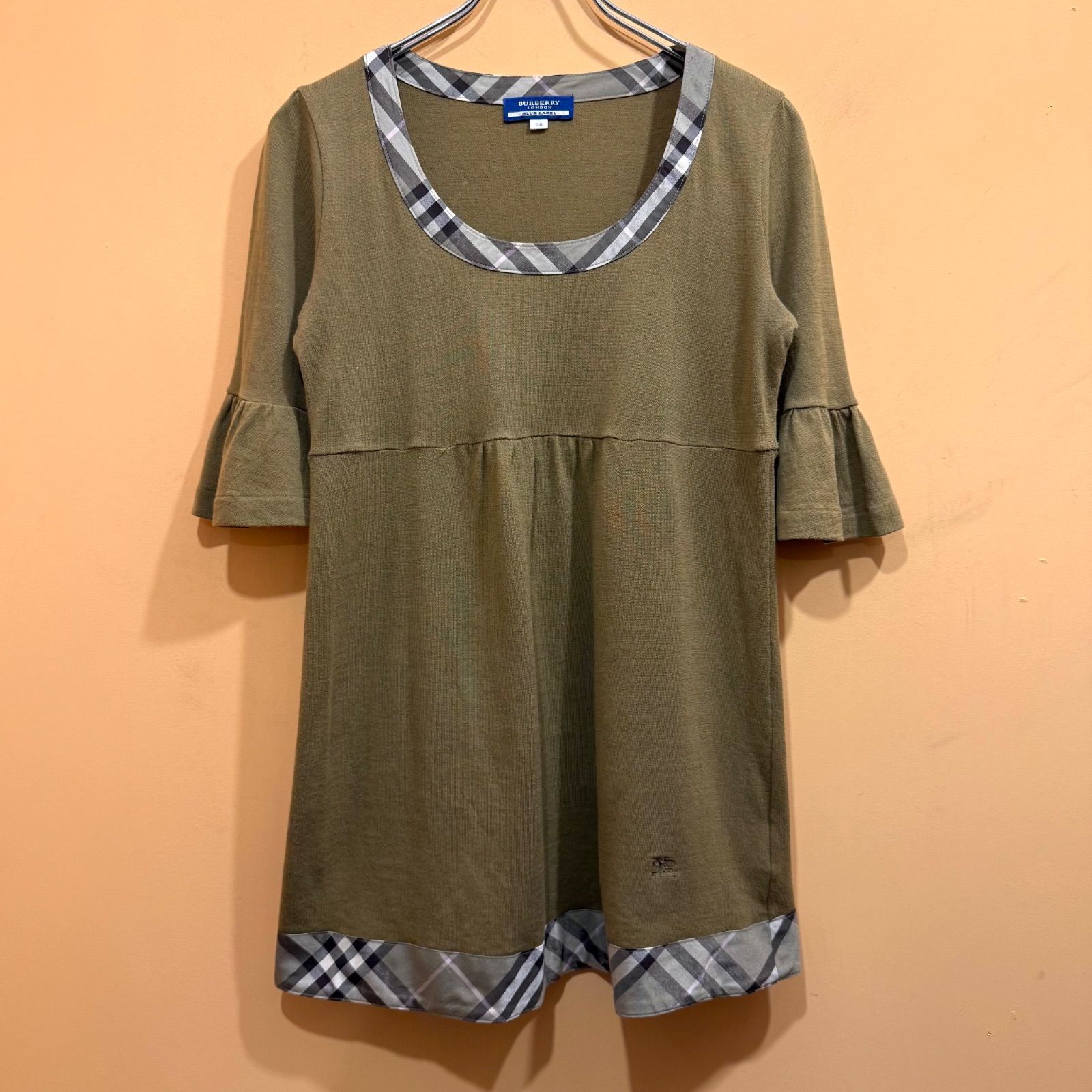 美品　バーバリーロンドン　ノバチェック　リブニット切り替えカットソー　ロゴ刺繍 美品 バーバリーロンドン ノバチェック リブニット切り替えカットソー