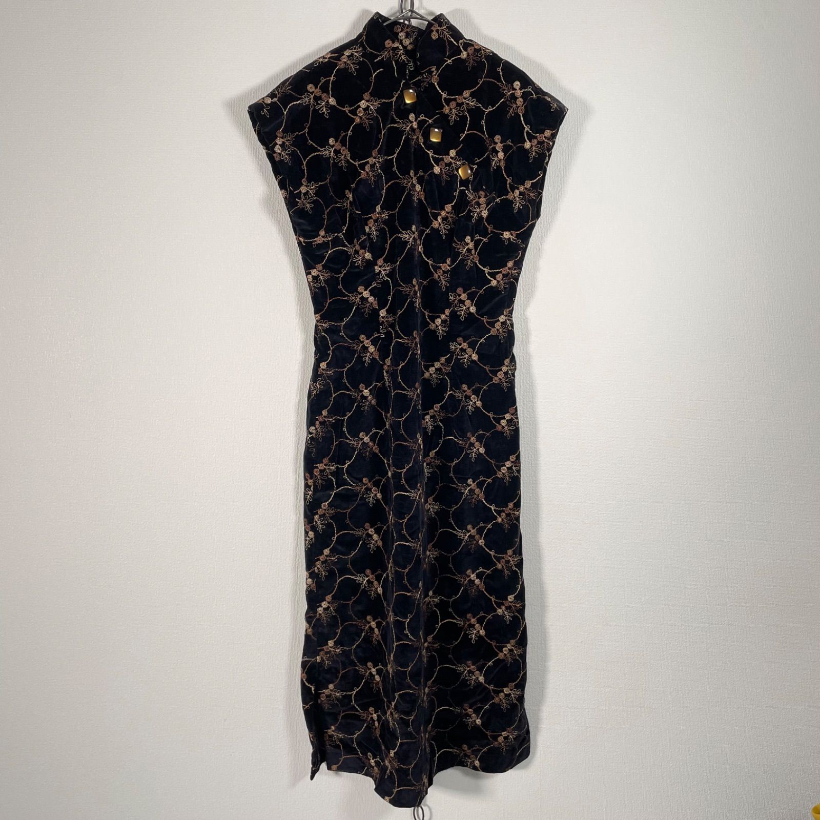 ヴィンテージ ベロア チャイナロングワンピース 刺繍 花柄 サイドスリット TALON タロンジップ ブラック系 Mサイズ程度 パーティー オケージョン