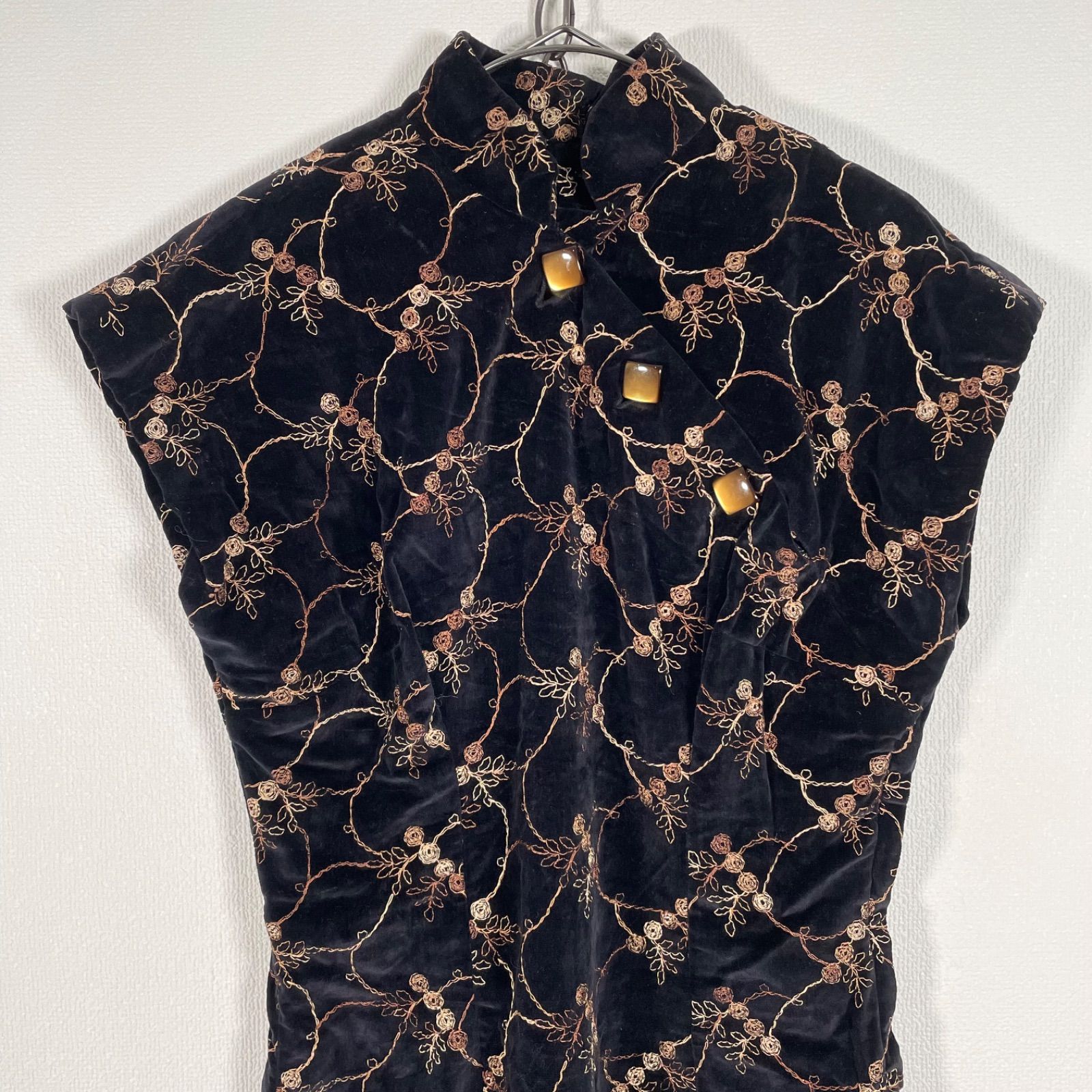 ヴィンテージ ベロア チャイナロングワンピース 刺繍 花柄 サイドスリット TALON タロンジップ ブラック系 Mサイズ程度 パーティー オケージョン