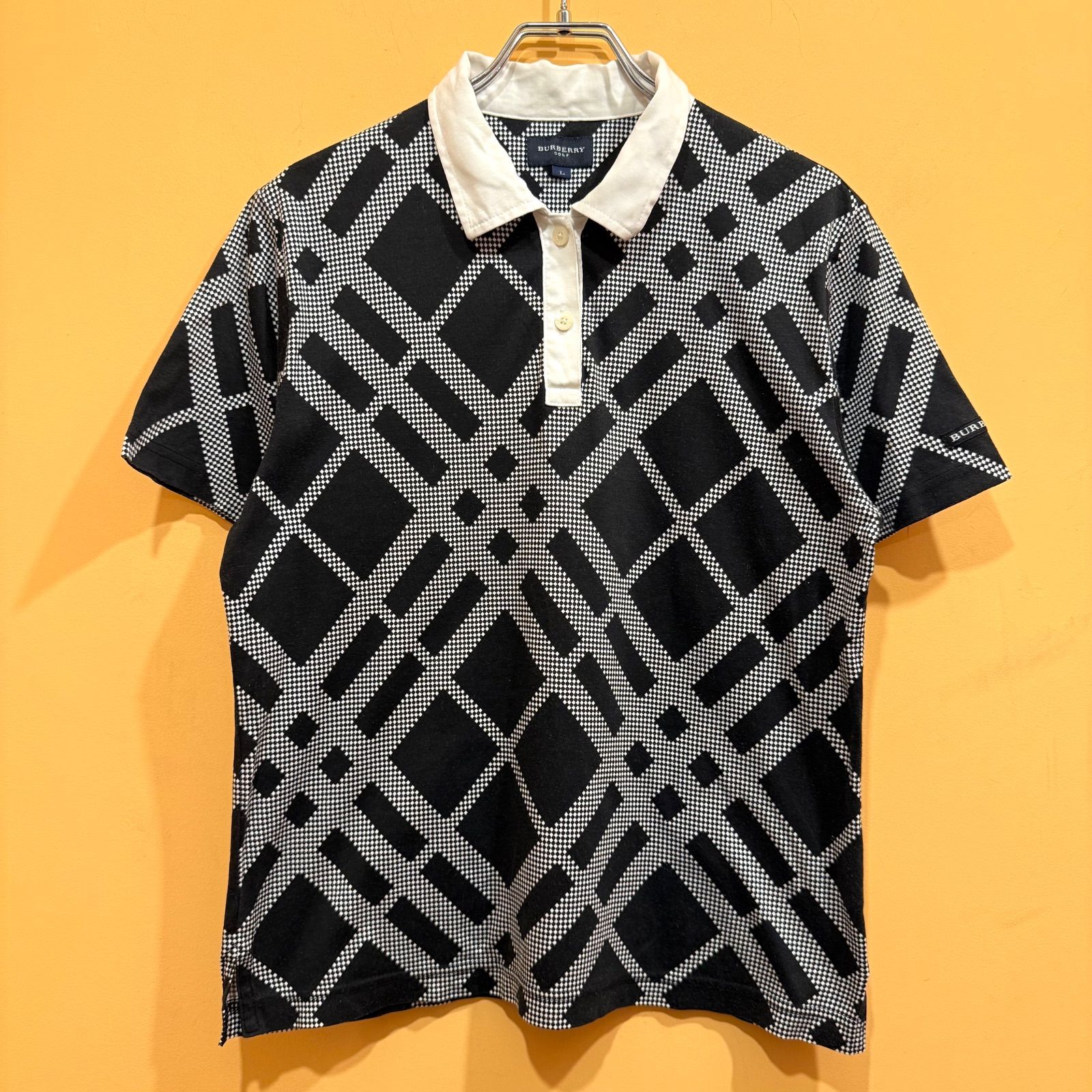 【美品】バーバリー　ゴルフ　ポロシャツ　ノバチェック　綿　100% L BURBERRY GOLF 半袖ポロシャツ ノヴァチェック 斜めチェック ブラック