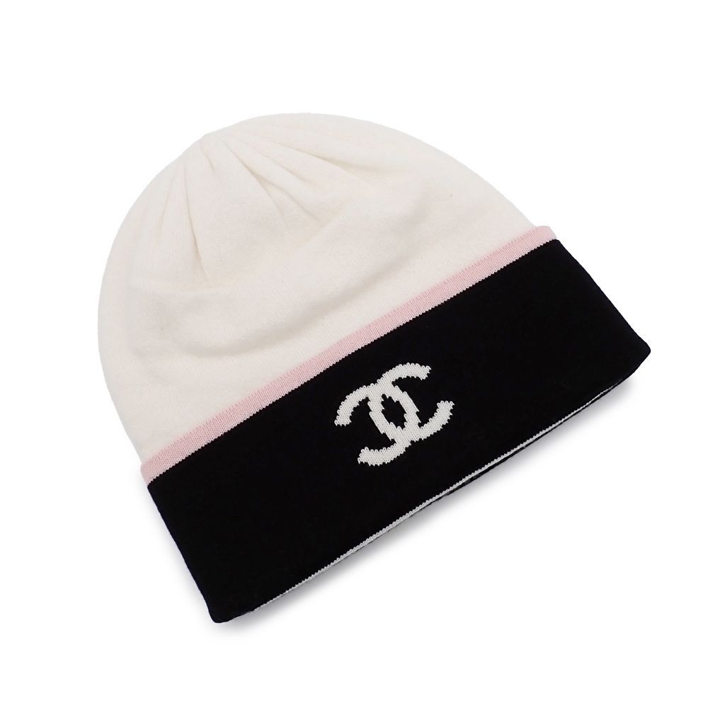 シャネル ニット帽 ビーニー ココマーク ブラック ホワイト バイカラー