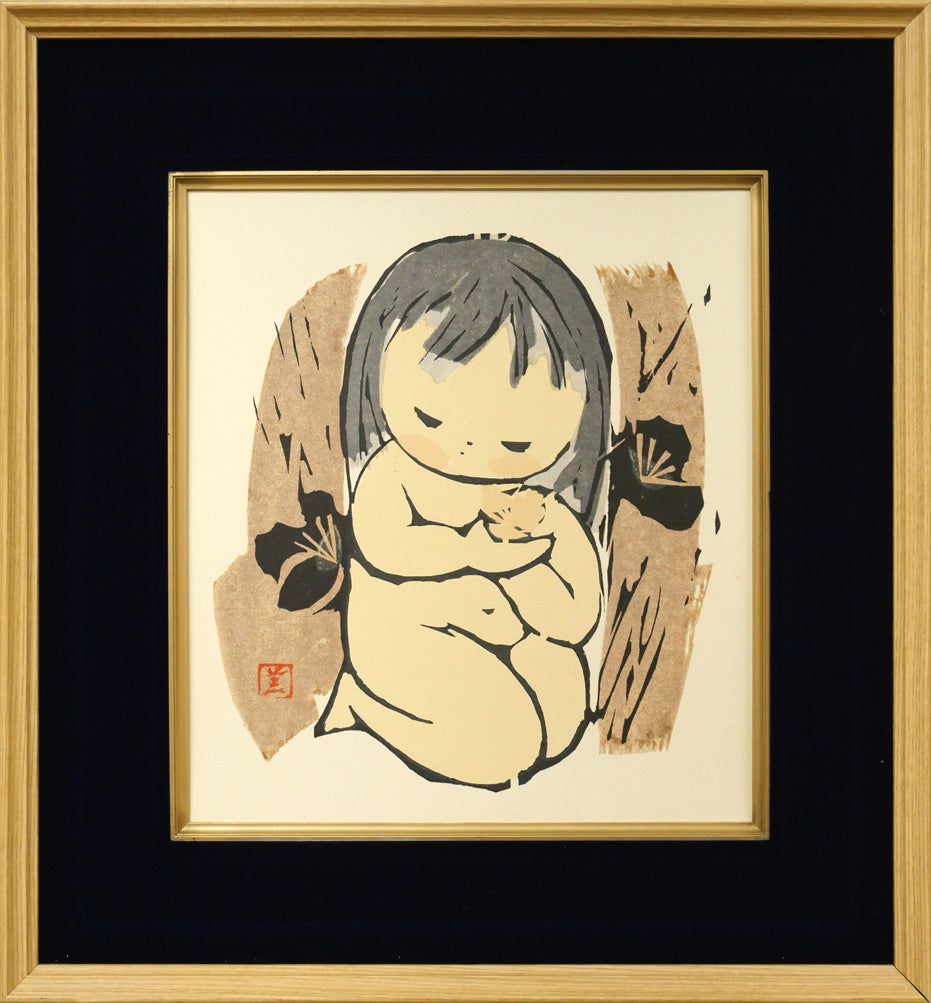 河野 薫「梅（少女）」木版画 国画会会員 日本版画協会会員 アメリカ