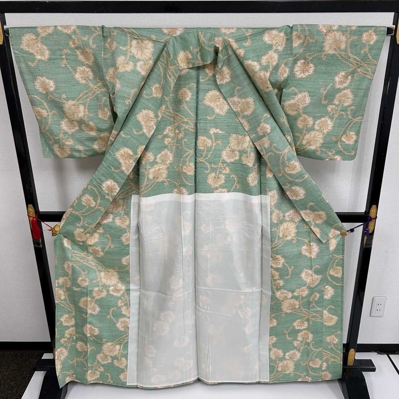 単　紗紬小紋　絣柄 夏】十日町紬 粋紗絣 証紙付き 紗紬 小紋 市松 正絹 黒 グレー 1047