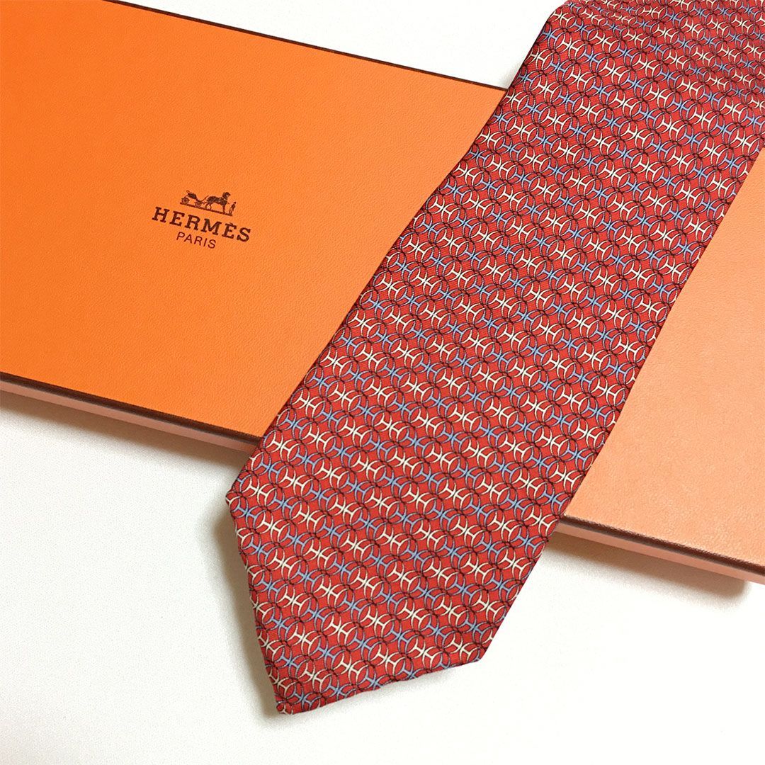 未使用級 エルメス HERMES ネクタイ シルク100% レッド / ブルー H柄
