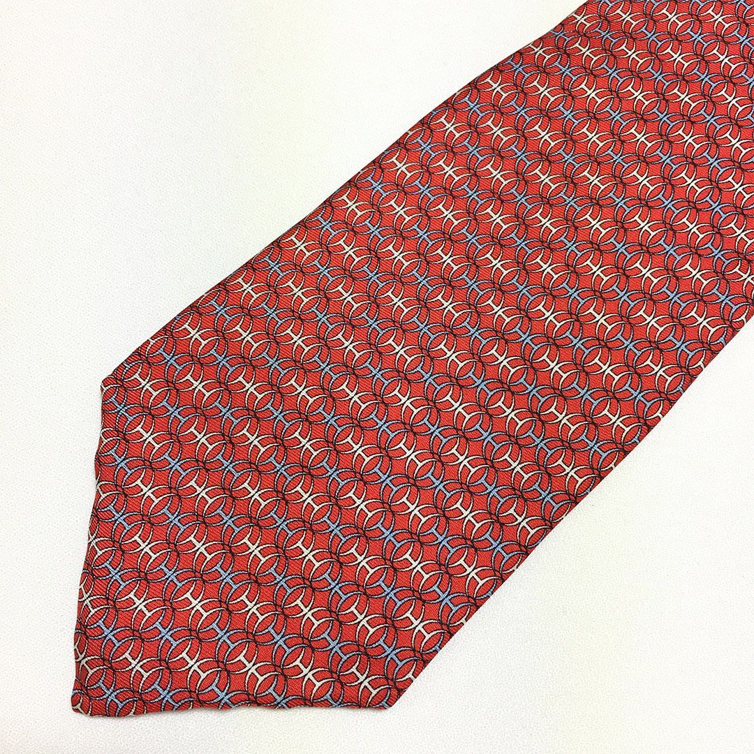 未使用級 エルメス HERMES ネクタイ シルク100% レッド / ブルー H柄