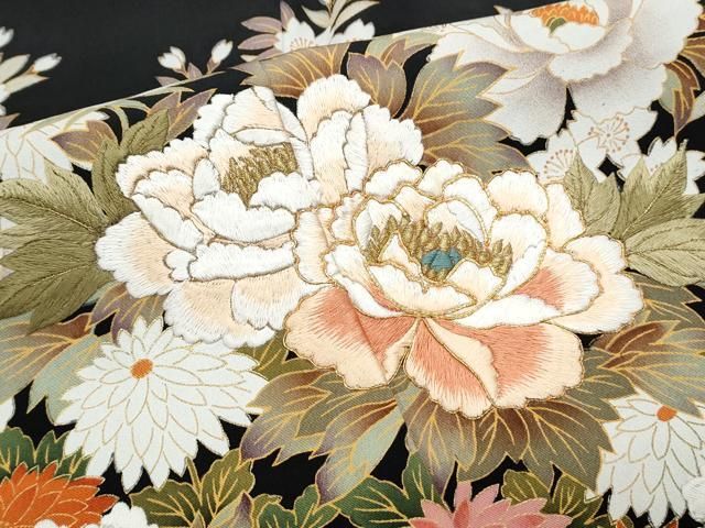 平和屋着物▽豪華黒留袖 駒刺繍 草花文 金銀彩 正絹 逸品 CAAZ8871th