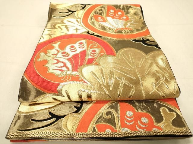 平和屋着物◎西陣 服部織物謹製 六通柄袋帯 唐織 白鳥緞子 花蝶丸文