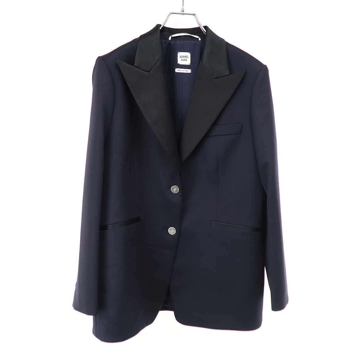HERMES エルメス ピークドラペルサテントリムテーラードジャケット 97