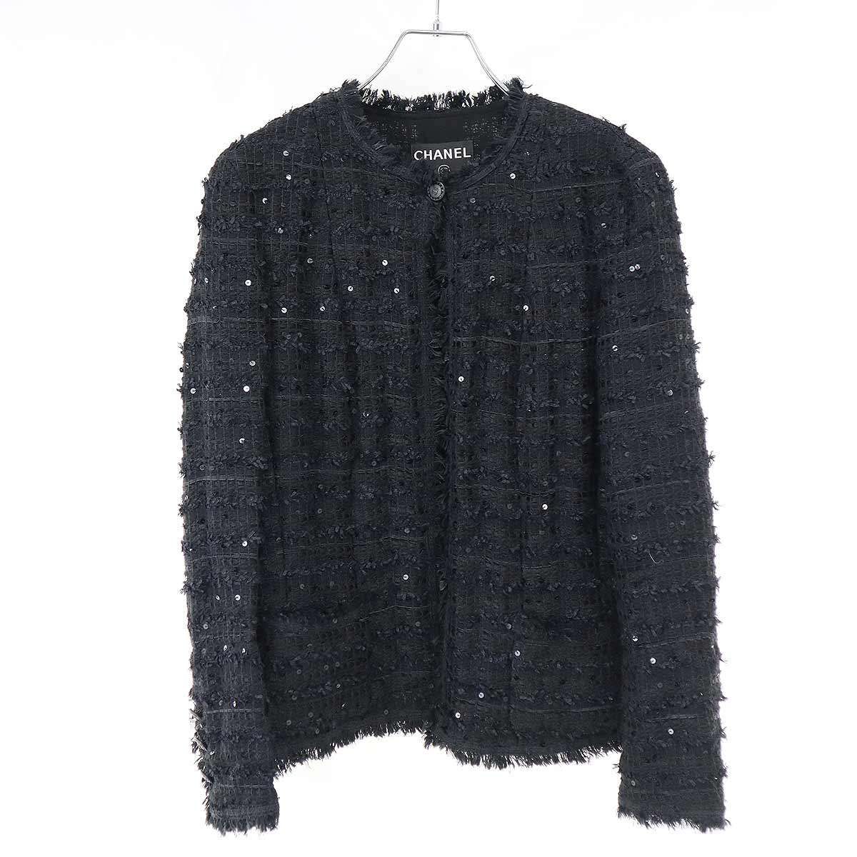 CHANEL シャネル スパンコールツイードノーカラージャケット 