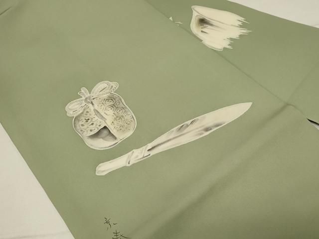 平和屋着物◎塩瀬 九寸名古屋帯 作家物 手描き 陶器花文 正絹 逸品