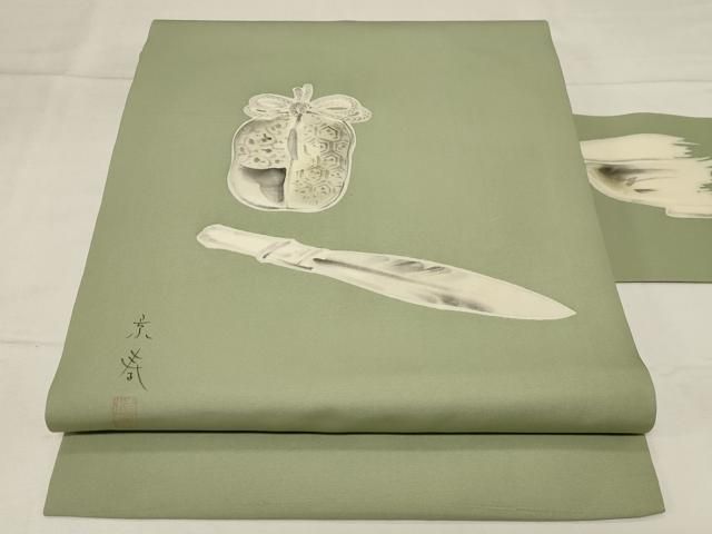 平和屋着物◎塩瀬 九寸名古屋帯 作家物 手描き 陶器花文 正絹 逸品