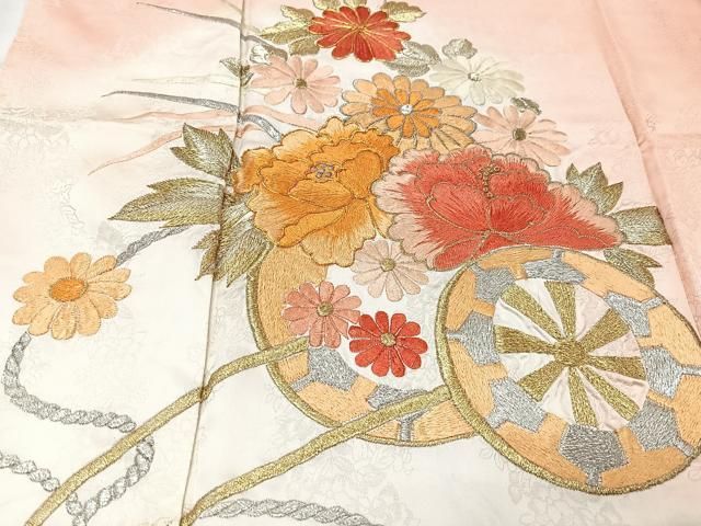 平和屋着物○セミアンティーク 振袖 駒刺繍 草花文 金糸 金彩 正絹