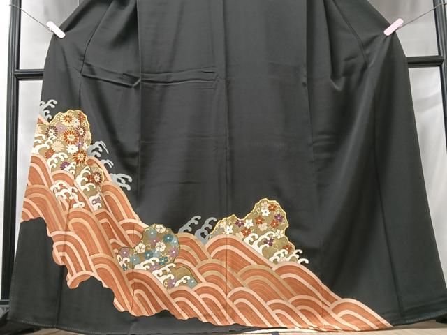 平和屋着物○豪華振袖 駒刺繍 カトレア 黒地 金彩 正絹 逸品