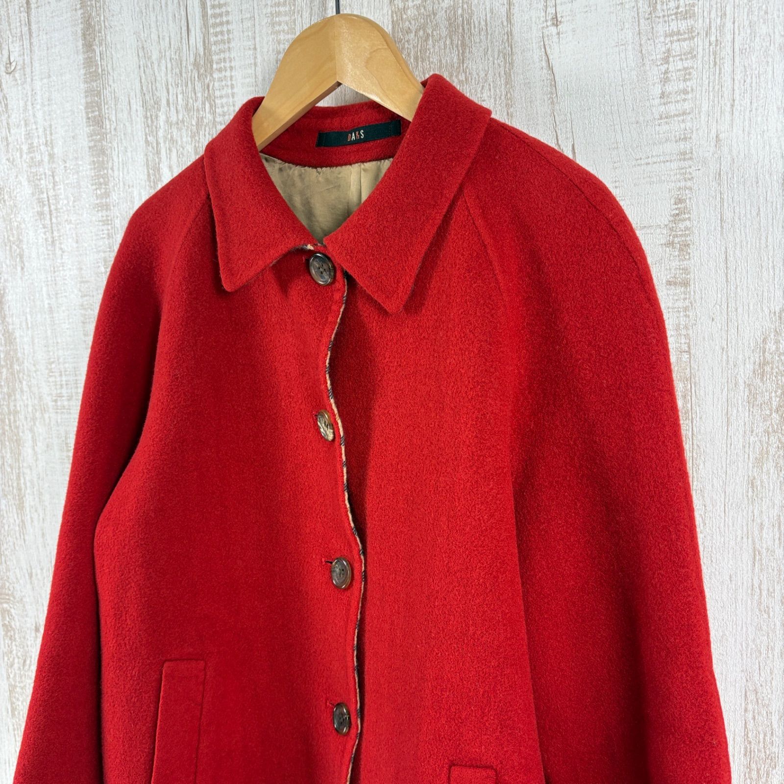 DAKS ダックス 定番 チェック ウール ステンカラーコート レッド
