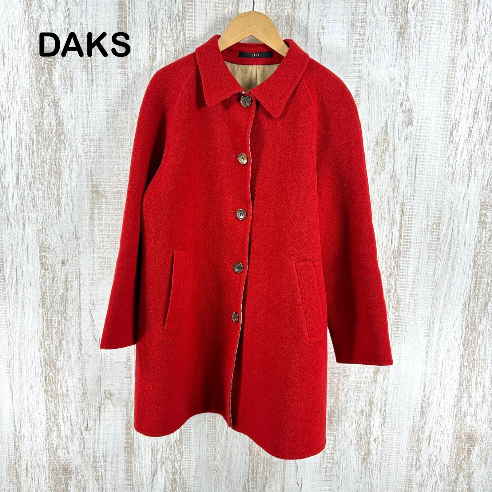 DAKS ダックス 定番 チェック ウール ステンカラーコート レッド