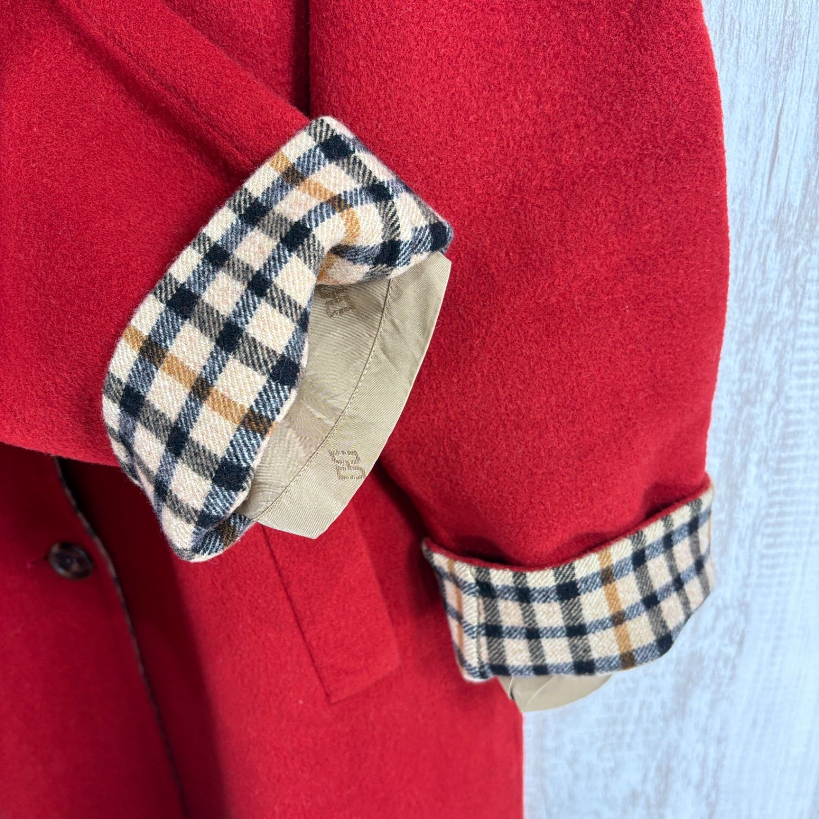 DAKS ダックス 定番 チェック ウール ステンカラーコート レッド