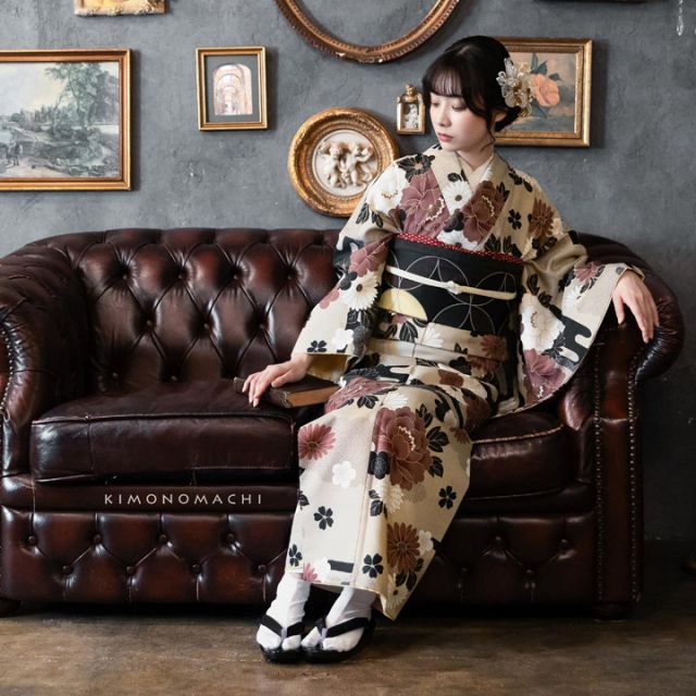 KIMONOMACHIきもの町洗える着物単品 白木蓮 藤墨色 Mサイズ 種類16：M/08.白木蓮 藤墨色 洗える着物 単品 「袷着物単品 全8柄