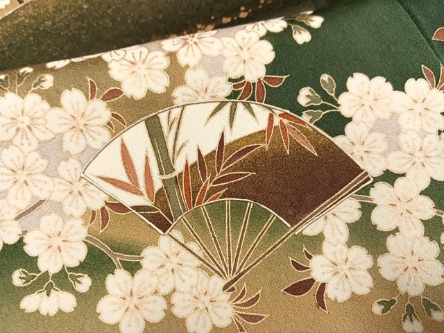 ［2898］訪問着 美品 扇面草花 駒刺繍 落款有 正絹 着物 袷 作家物 訪問着 身丈157cm 裄丈64cm M 袷 落款あり 扇面 草花 金彩 水色 正絹