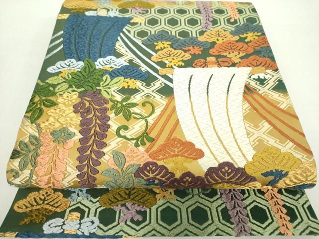 平和屋着物●六通柄袋帯　唐織　帆掛け舟　吉祥花文　金糸　正絹　逸品　DAAZ0820ps 平和屋着物○六通柄袋帯 唐織 帆掛け舟 吉祥花文 金糸 正絹 逸品