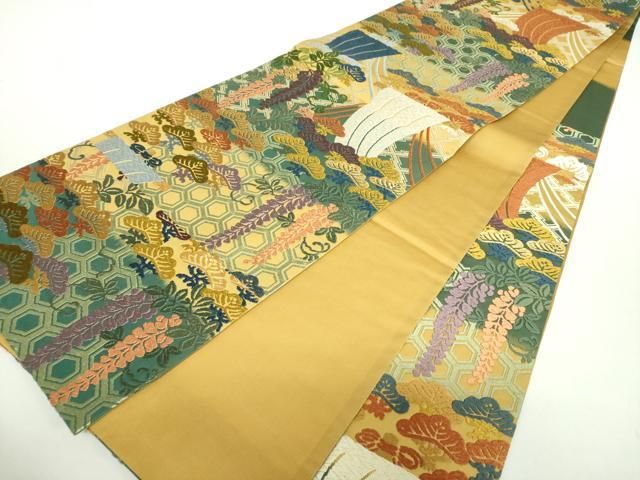 平和屋着物●六通柄袋帯　唐織　帆掛け舟　吉祥花文　金糸　正絹　逸品　DAAZ0820ps 平和屋着物○六通柄袋帯 唐織 帆掛け舟 吉祥花文 金糸 正絹 逸品