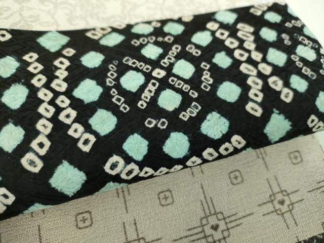 平和屋着物○両面 太鼓柄袋帯 切嵌 絞り 市松松菱 正絹 逸品