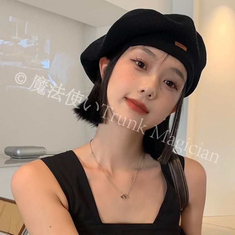 新品未使用黒いベレー帽女性秋冬日系の大頭周りに顔が小さく見える蕾