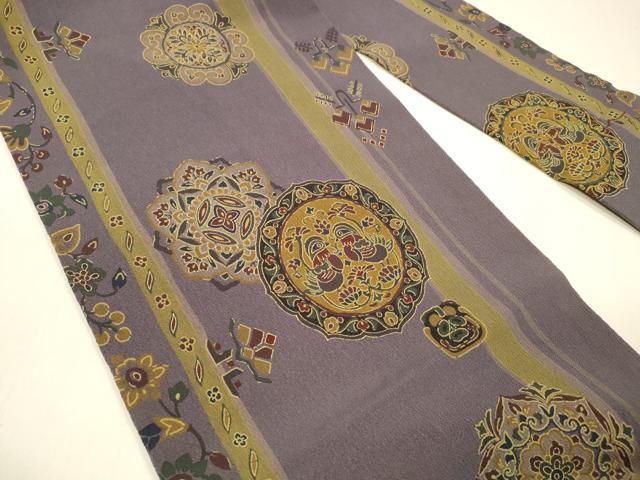 平和屋着物●全通柄名古屋帯　向かい鳥正倉院花文　鬼しぼ縮緬　正絹　逸品　DAAZ4361cm 平和屋着物○全通柄名古屋帯 向かい鳥正倉院花文