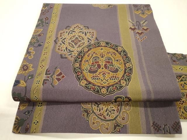 平和屋着物○全通柄九寸名古屋帯 型染 更紗花文