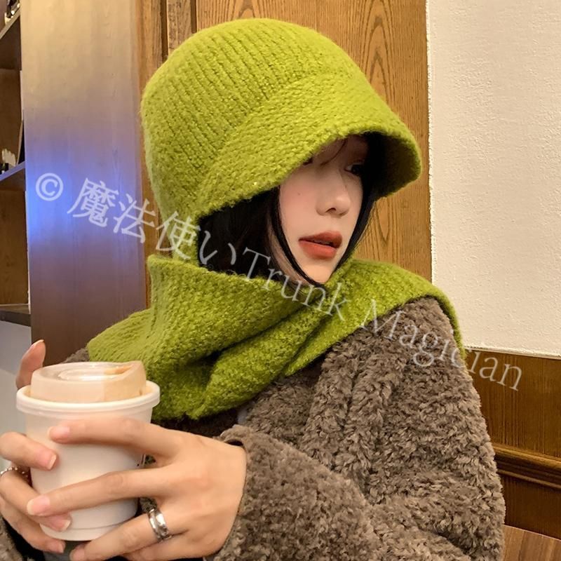 【新品・未使用】kapital マフラー・帽子 新品未使用緑の帽子マフラー一体女性冬の韓国版保温ニット毛糸帽子小