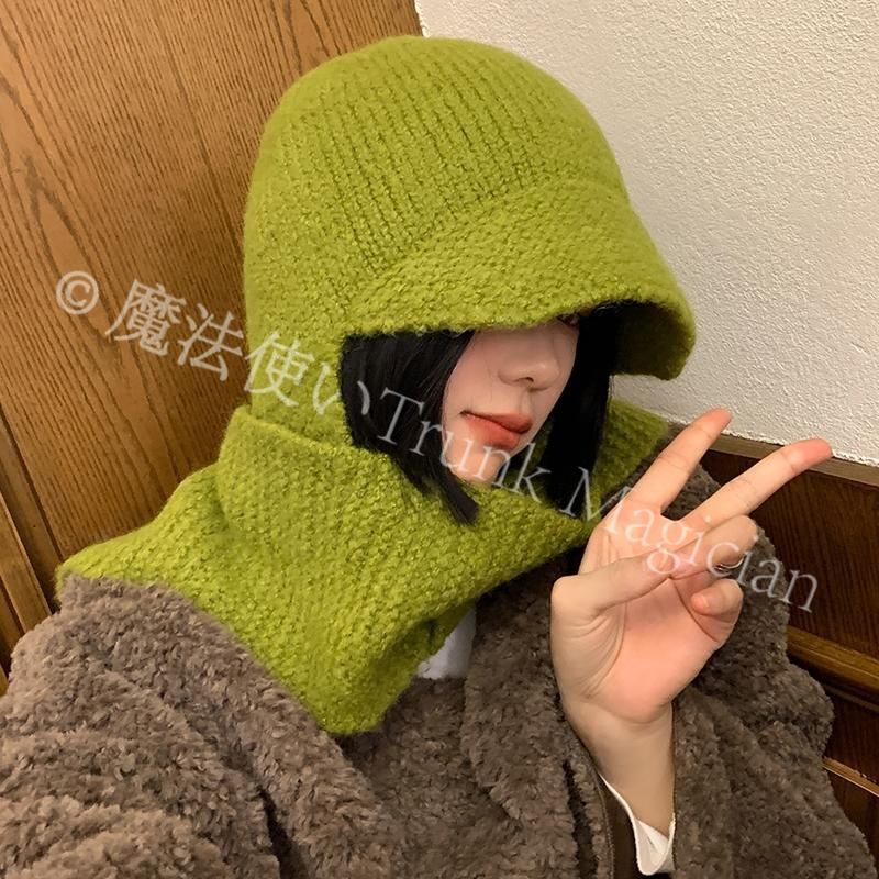 新品未使用緑の帽子マフラー一体女性冬の韓国版保温ニット毛糸帽子小