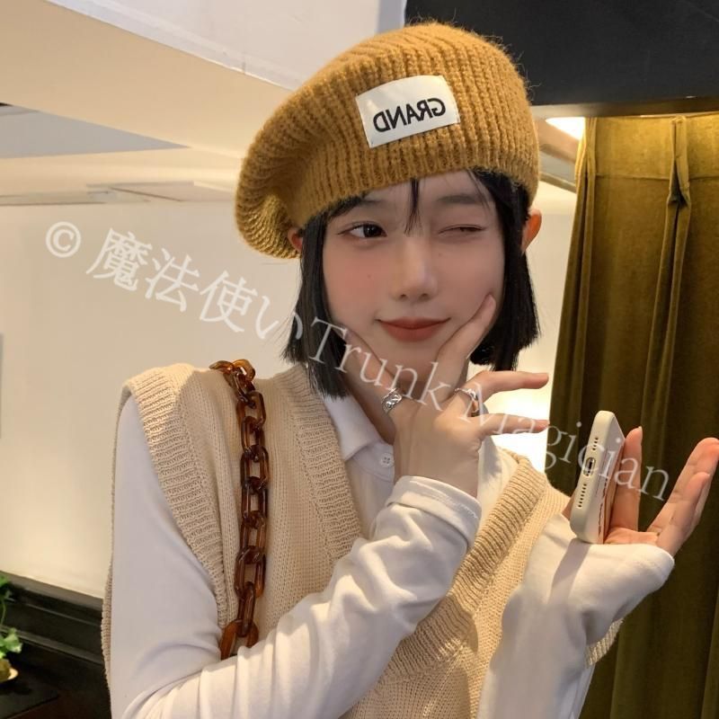 新品未使用布を張ったニットベレー帽女性ins網紅顕顔小?蕾画家帽日系