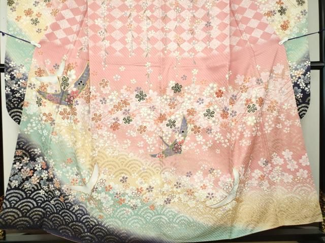 平和屋着物○豪華振袖 駒刺繍 飛鶴花文 暈し染め 金彩 正絹 逸品