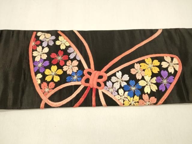 平和屋着物○アンティーク 大正ロマン 九寸名古屋帯 総刺繍 結び紐花文