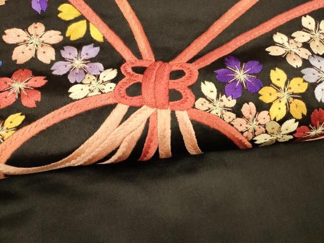 平和屋着物○アンティーク 大正ロマン 九寸名古屋帯 総刺繍 結び紐花文