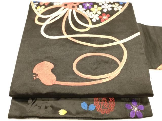 平和屋着物●アンティーク　大正ロマン　九寸名古屋帯　総刺繍　結び紐花文　黒地　正絹　逸品　DAAZ4452cm 平和屋着物○アンティーク 大正ロマン 九寸名古屋帯 総刺繍 結び紐花文